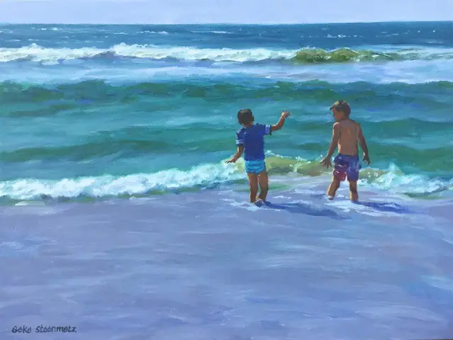 Geke Steenmetz, Twee jongens in zee, 250 euro, Oil on panel in wooden frame, 18x24 cm