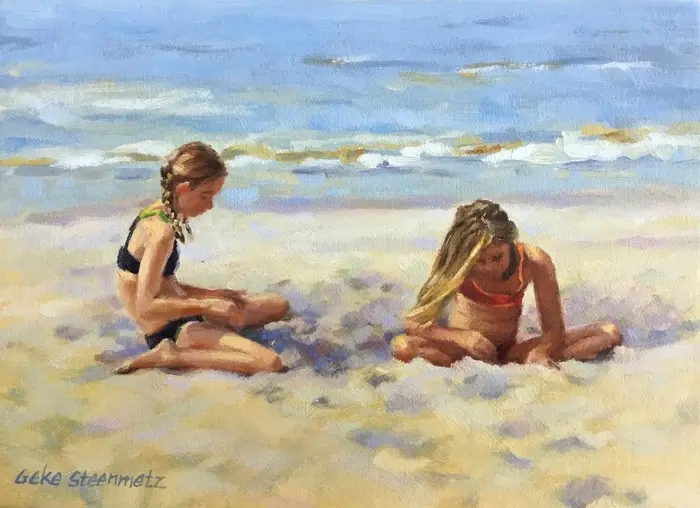 Geke Steenmetz, Twee meisjes in het zand, 220 euro, Oil on panel in wooden frame, 13x18 cm