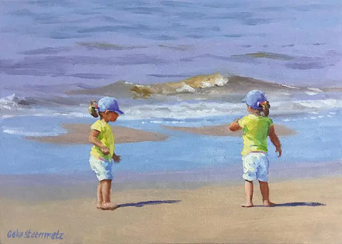 Geke Steenmetz, Twinsisters, Oil on panel in natural wooden frame, 13x18 cm, €.190,-