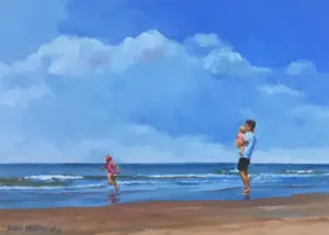 Geke Steenmetz, Vader met kinderen aan zee, 195 euro, Oil on panel in wooden frame, 13x18 cm