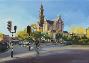 Geke Steenmetz, Westerkerk, 250 euro, Oil on panel in wooden frame, 13x18 cm