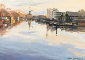 Geke Steenmetz, Zicht op molen de Gooyer, 250 euro, Oil on panel in wooden frame, 13x18 cm