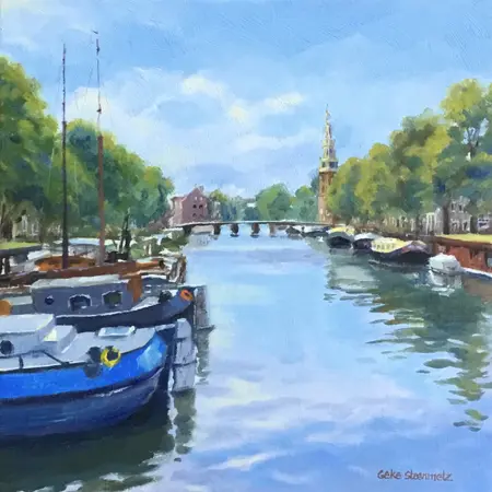 Geke Steenmetz, Zicht op Montelbaanstoren, 250 euro, Oil on panel in wooden frame, 15x15 cm