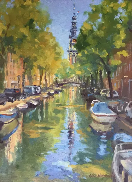 Geke Steenmetz, Zicht op Zuiderkerk, Oil on panel in wooden frame, 13x18 cm, €.175,-