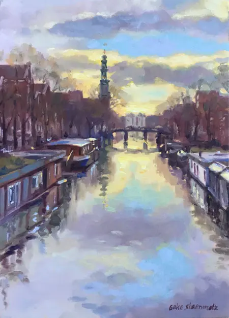 Geke Steenmetz, Zicht Westertoren, Oil on panel in wooden frame, 13x18 cm, €.250,-