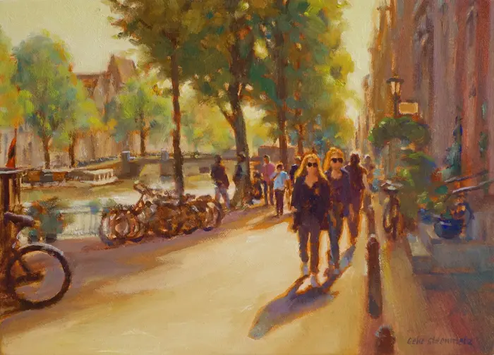 Geke Steenmetz, Zonnig Amsterdam, Oil on panel in wooden frame, 13x18 cm, €.175,-