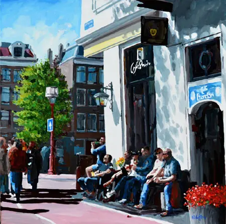 H.J.Hofstra, Café Brandon 3, Acrylic on canvas in wooden frame, 80x80 cm, €.2450,-