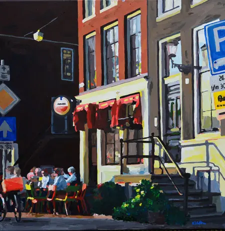 H.J. Hofstra, Café de Magere brug Amsterdam, Acrylic on canvas, 75x75 cm, €.1950,-