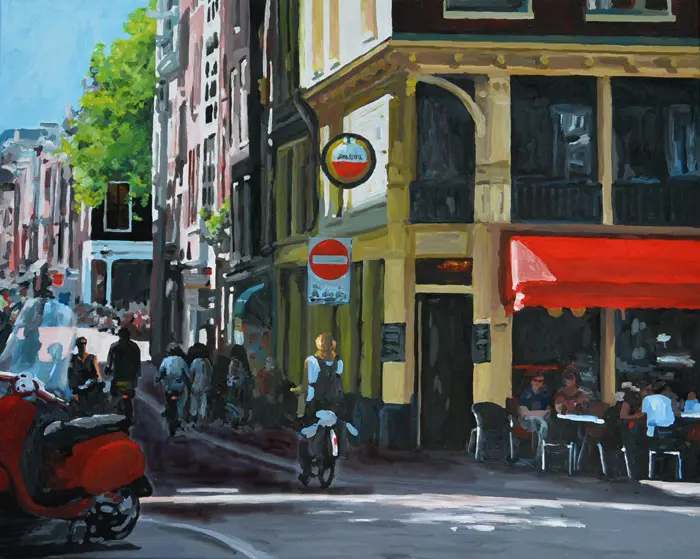 H.J. Hofstra, Rode Scooter in de Jordaan, Acrylic on canvas, 80x100 cm, €.2450,-