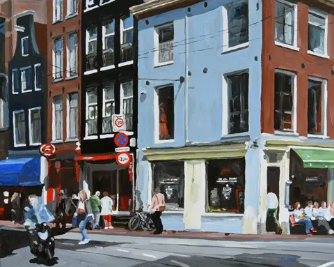 H.J. Hofstra, Van Leeuwen Utrechtsestraat, Acrylic on canvas, 60x75 cm, €.2250,-