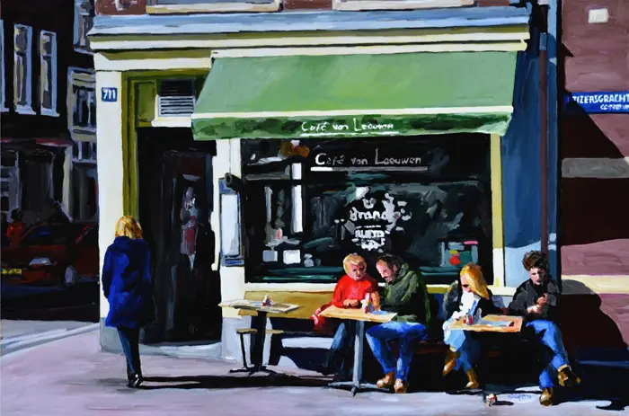H.J. Hofstra, Van Leeuwen Utrechtsestraat, Acrylic on canvas, 60x90 cm, €.2195,-