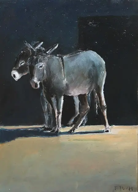 Barbara Wichers Hoeth, 2 ezels, Oil on wood, 24x18 in natural wooden frame, €.350,-