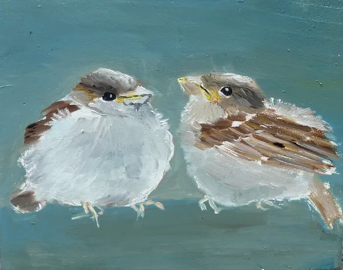 Barbara Wichers Hoeth, 2 jonge mussen, Oil on panel, 10x12x4 cm, €.150,-