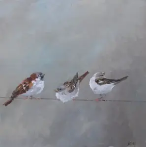 Barbara Wichers Hoeth, 3 mussen op grijze ondergrond, Oil on panel, 30x30 cm in simple wooden frame, €.400,-