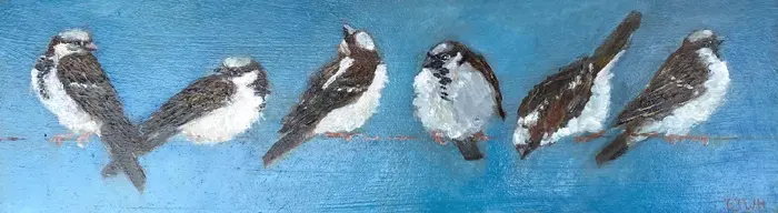 Barbara Wichers Hoeth, 6 mussen, Oil on wood, 11x38x4 cm, €.350,-