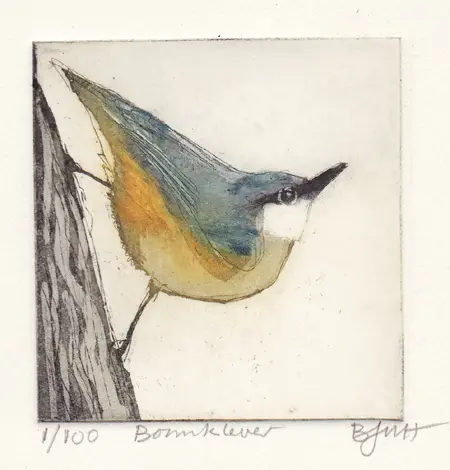 Barbara Wichers Hoeth, Boomklever, 225 euro, Etching in iron frame with glass, 7x7 cm/20x20 cm