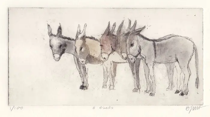 Barbara Wichers Hoeth, Ezels, 225 euro, Etching in iron frame with glass, 15x30 cm