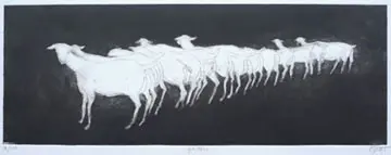 Barbara Wichers Hoeth, Geiten, 275 euro, Etching in frame with glass, 14x39 cm