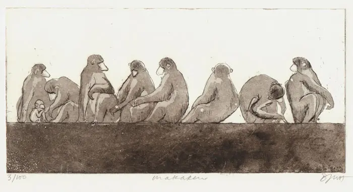 Barbara Wichers Hoeth, Japanse Makaken, 225 euro, Etching in frame with glass, 18x30 cm