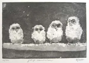Barbara Wichers Hoeth, Jonge Ransuilen, 225 euro, Etching in frame with glass, 20x14 cm