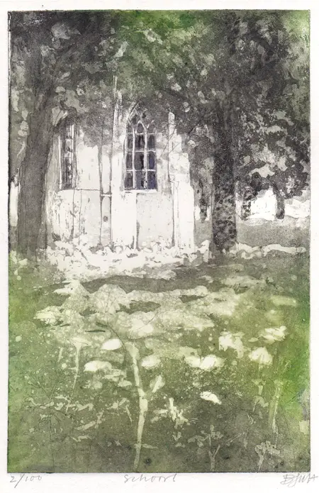 Barbara Wichers Hoeth, Kerkje Schoorl, 225 euro, Etching in iron frame with glass, 30x20 cm