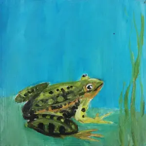 Barbara Wichers Hoeth, Kikker met hommel, Oil on panel, 12x12 cm, €.125,-