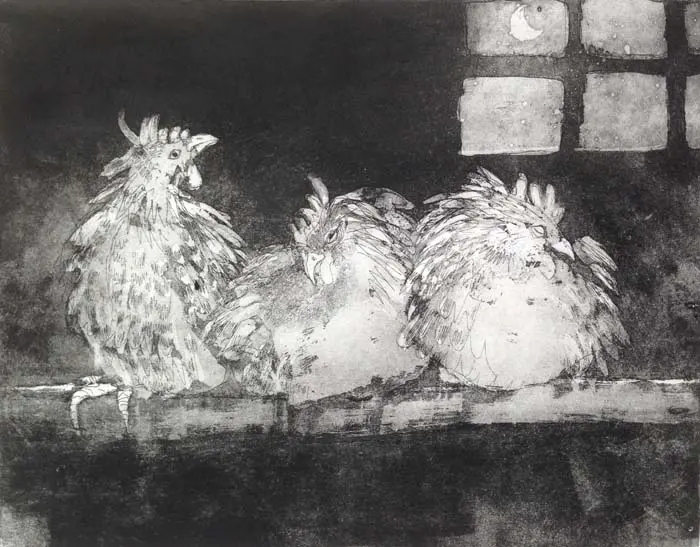 Barbara Wichers Hoeth, Kippen in Nachthok, 275 euro, Etching in frame with glass, 30x40 cm