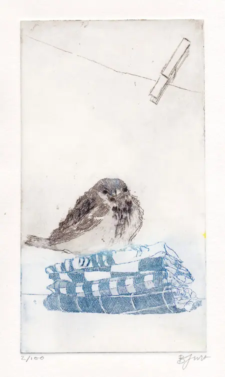 Barbara Wichers Hoeth, Mus op theedoek/blauw, 225 euro, Etching in frame with glass, 28x18 cm
