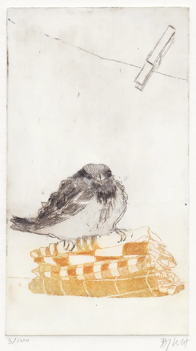 Barbara Wichers Hoeth, Mus op theedoek/blauw, 225 euro, Etching in frame with glass, 28x18 cm