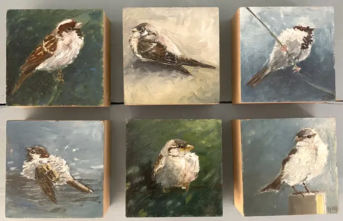 Barbara Wichers Hoeth, Mussen 1 t/m 6, Oil on panel, 10x10x4 cm, €.95,- euro