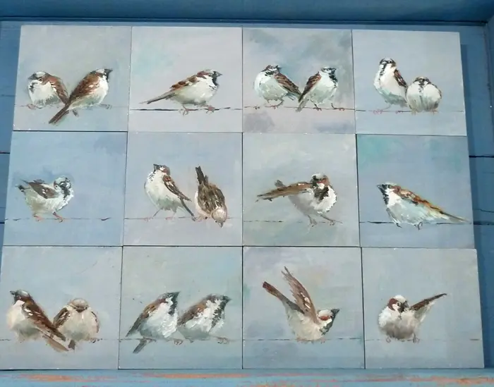 Barbara Wichers Hoeth, Mussen, Oil on panel, 12 werken van 12x12x4 cm, each €.150,-