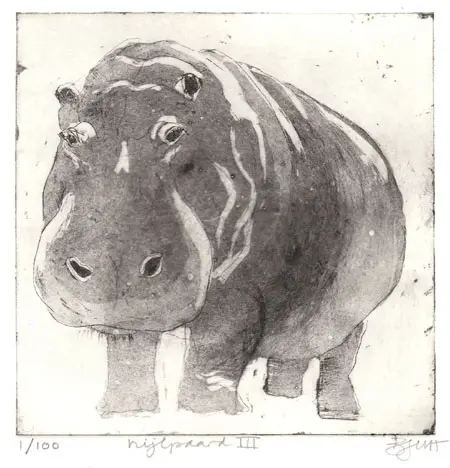 Barbara Wichers Hoeth, Nijlpaard 3, 225 euro, Etching in frame with glass, 25x25 cm