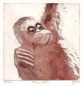 Barbara Wichers Hoeth, Orang oetang, 225 euro, Etching in frame with glass, 18x18 cm