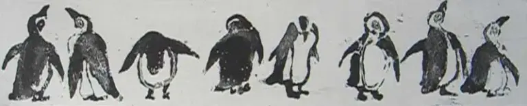 Barbara Wichers Hoeth, Pinguins, 275 euro, Etching in frame with glass, 40x20 cm