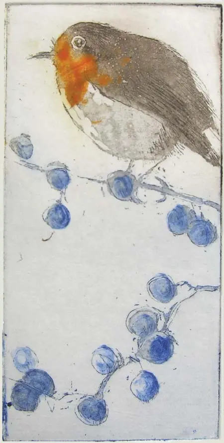 Barbara Wichers Hoeth, Roodborstje in ijzeren lijst, 225 euro, Etching in frame with glass, 7x12 cm