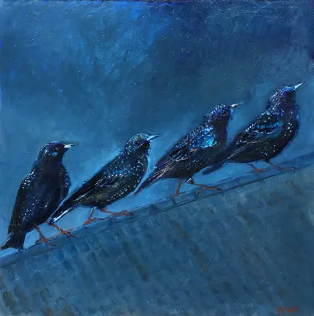 Barbara Wichers Hoeth, Spreeuwen, Oil on panel in light wooden frame, 30x30 cm, €.400,-