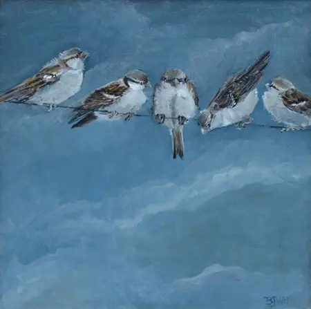 Barbara Wichers Hoeth, vijf vrouwtjs mussen, Oil on panel in simple wooden frame, 30x30 cm, €.375,-