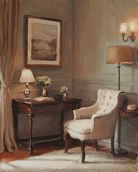 Serge de Vries · Interieur met beige stoel en schemerlamp
