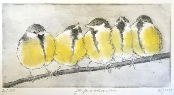 Barbara Wichers Hoeth, Jonge Koolmezen, 225 euro, Colour etching in frame, 19x30 cm
