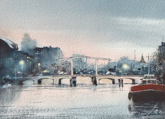 Jan Thiecke, Magere Brug, 275 euro, Watercolour in wooden frame, 15x20 cm