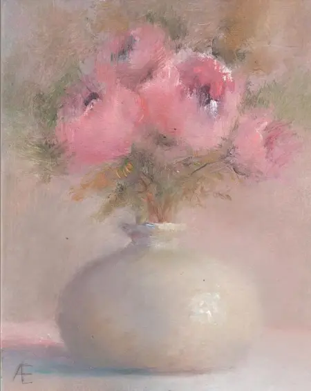 Anneke Elhorst, Pioenen, 275 euro, Oil on panel, unframed, 15x12x3 cm