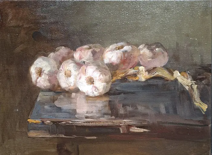 Natalia Dik, Stilleven met knoflook, 850 euro, Oil on canvas in wooden frame, 30x40 cm