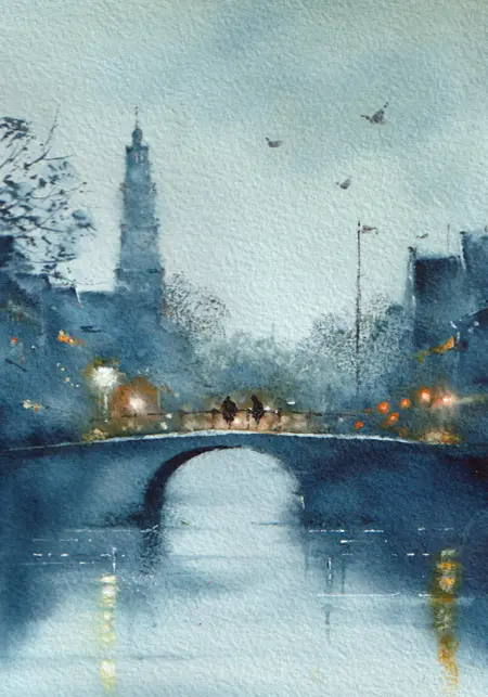 Jan Thiecke, Westertoren bij nacht, 275 euro, Watercolour in wooden frame, 15x20 cm