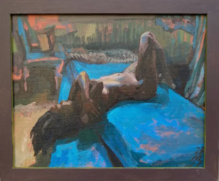 Irma Braat, Blauwe matrassen, 380 euro, Oil on canvas in frame, 24x30 cm