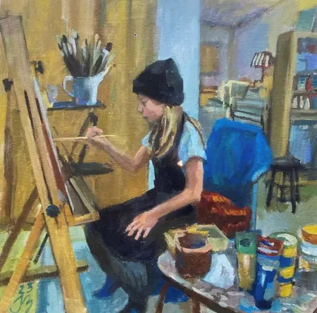 Irma Braat, Jonge schilder in actie, 525 euro, Oil on panel in green wooden frame, 30x30 cm