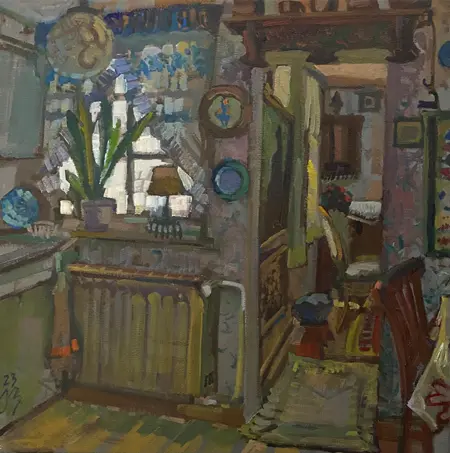Irma Braat, Keuken met doorkijk, 680 euro, Oil on canvas, unframed, 35x35 cm
