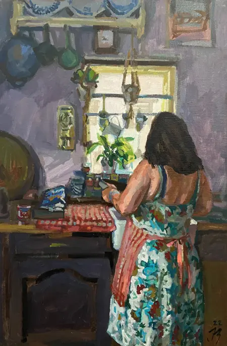 Irma Braat, Keukenportret, 860 euro, Oil on canvas, unframed, 60x40 cm