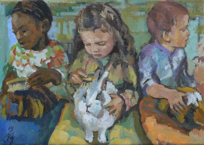 Irma Braat, Knuffeluurtje, Oil on canvas, 25x35 cm, €.375,-