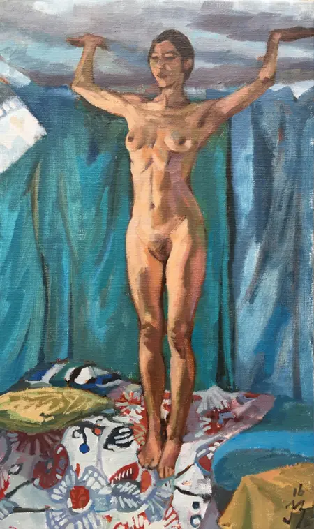 Irma Braat, Model aan plafond, Oil on canvas, 50x30 cm, €.450,-