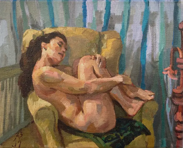 Irma Braat, Model in gele stoel, 380 euro, Oil on canvas, unframed, 24x30 cm